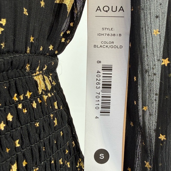AQUA Star Print Smocked Black & Gold Star Print Smocked Mini Dress Long Sleeve - Picture 13 of 17